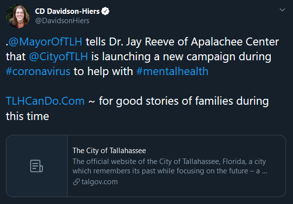 Mayor tells Dr. Jay Reeve of Apalachee Center that City is launching a new campaign during coronavirus to help maintain mental health.