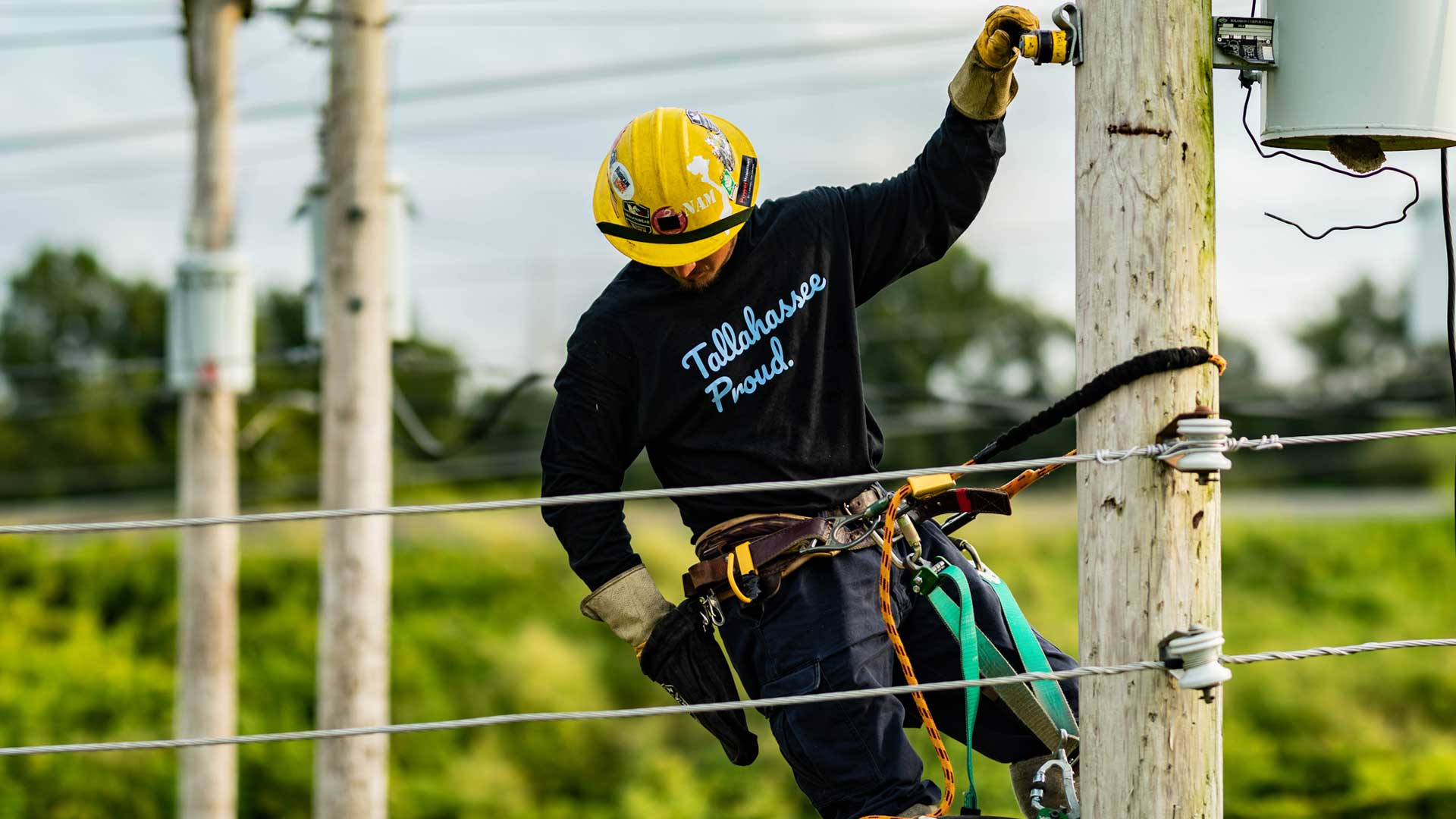 A lineman wearing a Tallahassee Proud shirt works on an electrical pole.