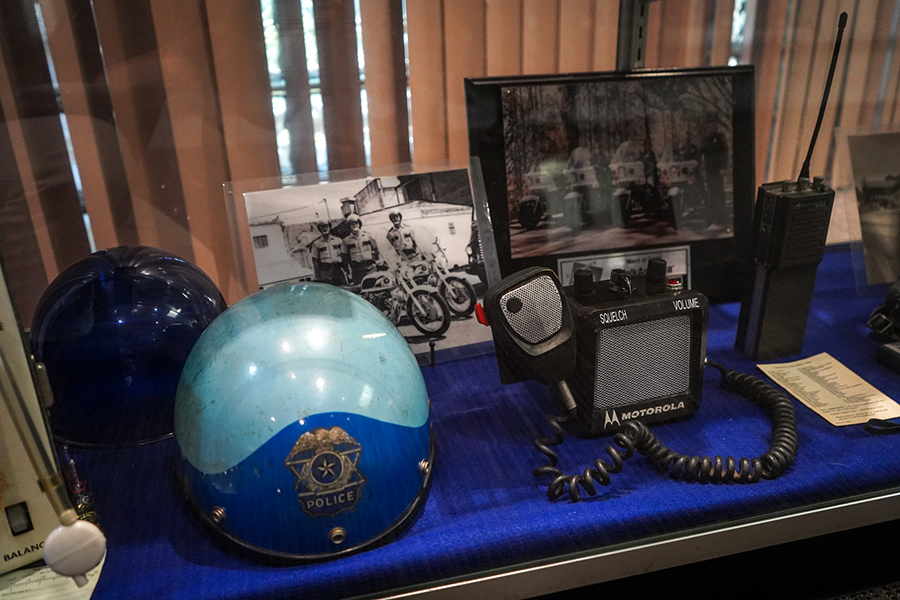 A portion of the display case featuring historical items