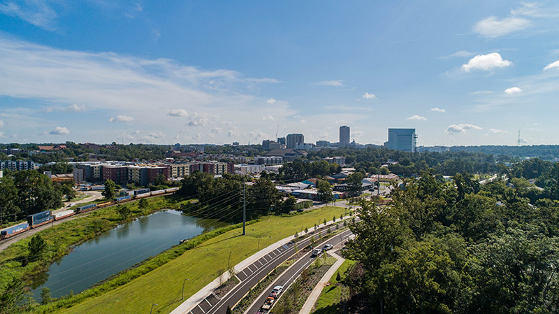 An aerial photo of a section of FAMU Way.