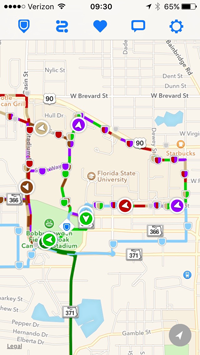 TransLoc app screenshot showing bus routes and locations along the route